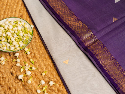 Maheshwari Gold n Silver Small Zari Border Saree with triangle Butti Weaving