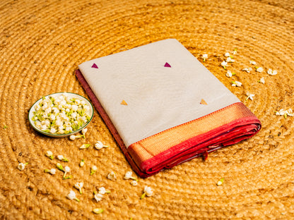 Maheshwari Gold n Silver Small Zari Border Saree with triangle Butti Weaving