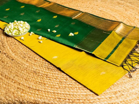 Traditional Maheshwari Paithani Border with all over Swastika Zari Butti Weaving Sarees Olive Green & Bottle Green