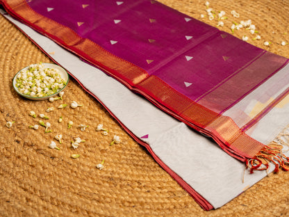 Maheshwari Gold n Silver Small Zari Border Saree with triangle Butti Weaving