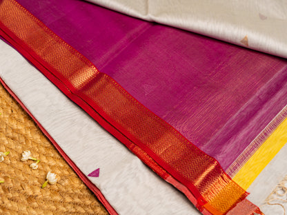 Maheshwari Gold n Silver Small Zari Border Saree with triangle Butti Weaving