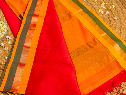 Maheshwari Teen Kinar Mercerised & Zari Border Saree with Plain Body