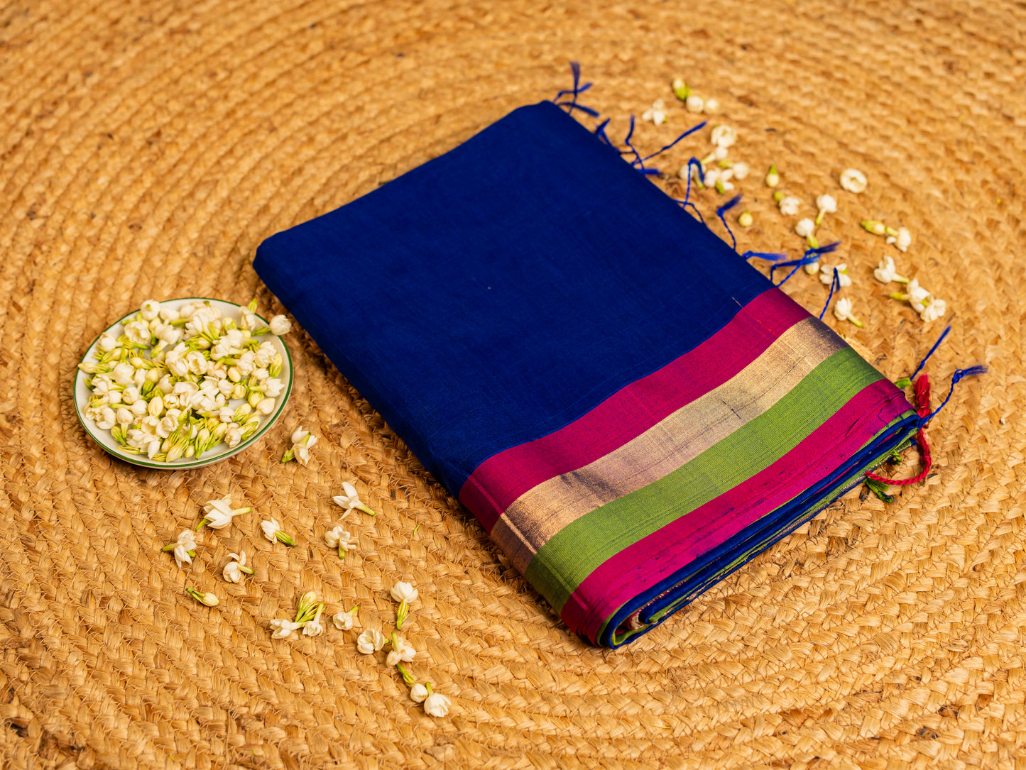 Maheshwari Teen Kinar Mercerised & Zari Border Saree with Plain Body