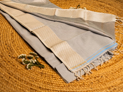 Maheshwari Silver Zari Broad Border with Plain Body