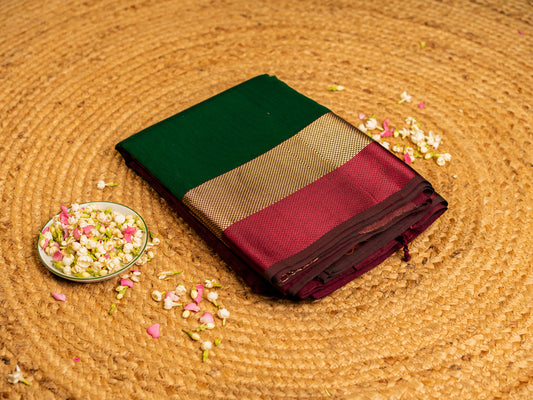 Exclusive Maheshwari Zari & Resham Thread Border Sarees Forest Green & Burnt Maroon
