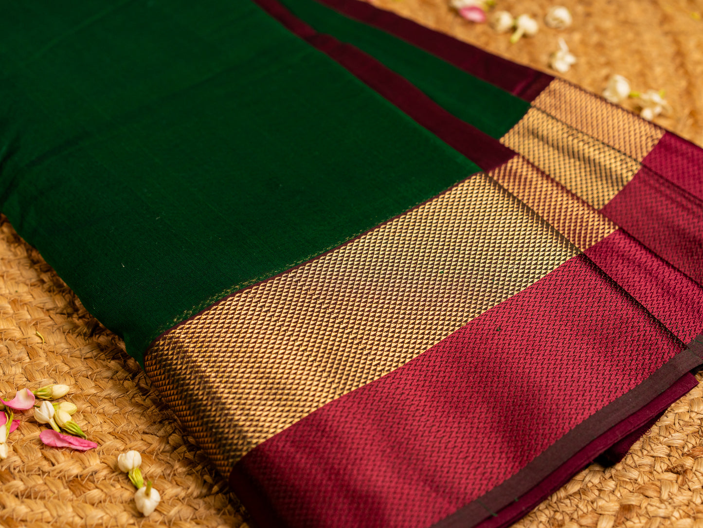 Exclusive Maheshwari Zari & Resham Thread Border Sarees Forest Green & Burnt Maroon