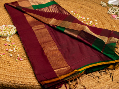 Exclusive Maheshwari Zari & Resham Thread Border Sarees Forest Green & Burnt Maroon