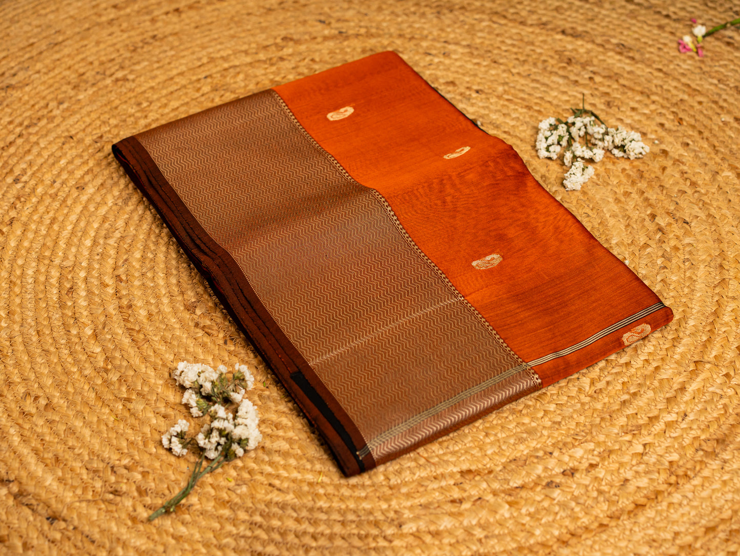 Maheshwari Resham Thread Border with allover Thread Butti weaving Rust Orange & Black