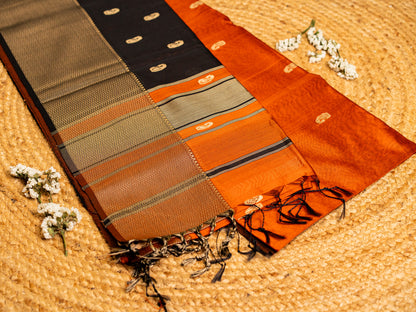 Maheshwari Resham Thread Border with allover Thread Butti weaving Rust Orange & Black