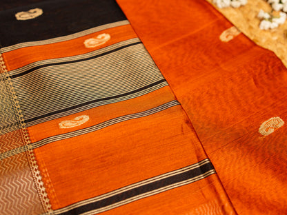 Maheshwari Resham Thread Border with allover Thread Butti weaving Rust Orange & Black