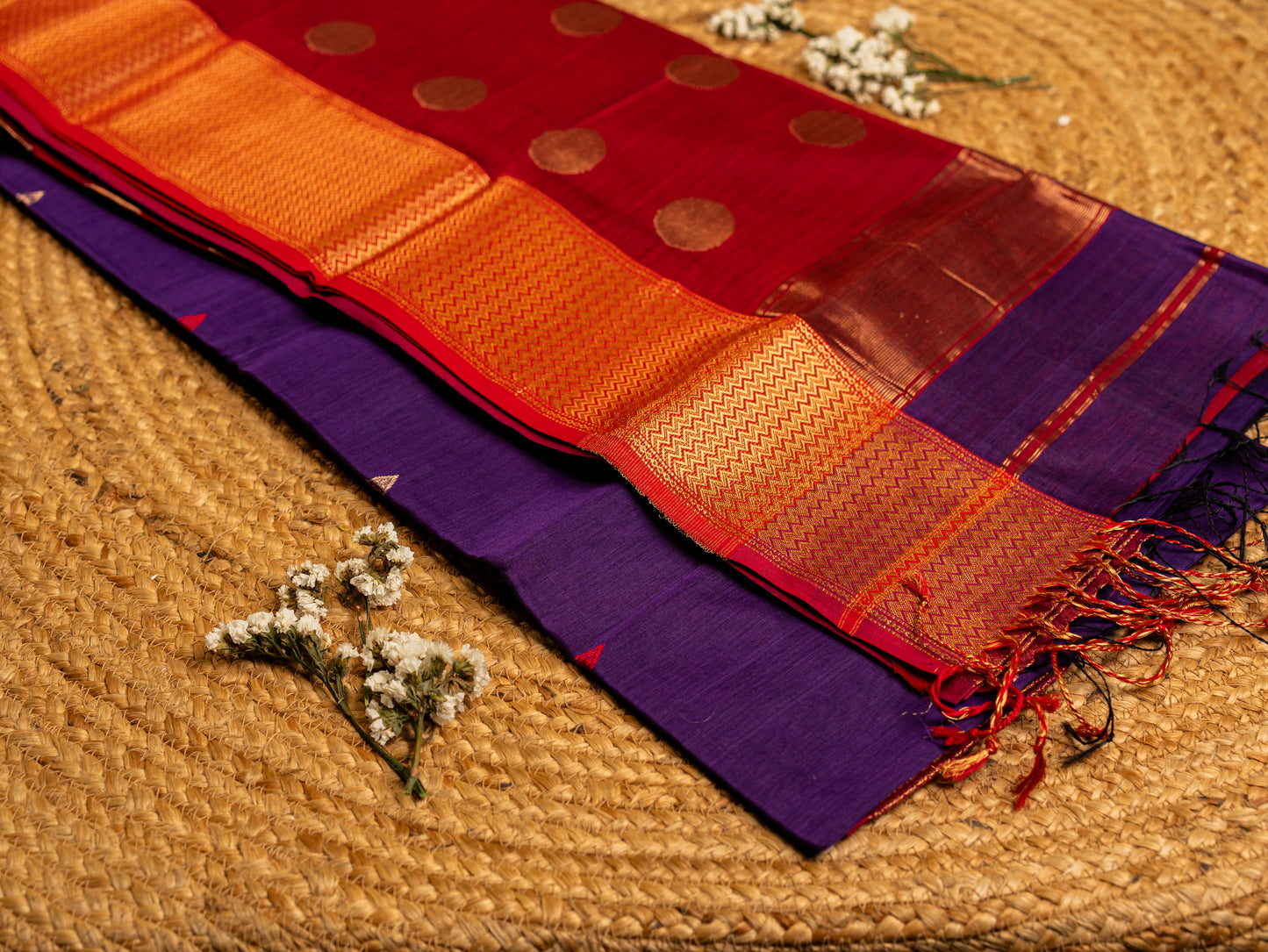 Maheshwari Zari Coin Butta Pallu Sarees with all over Butti weaving