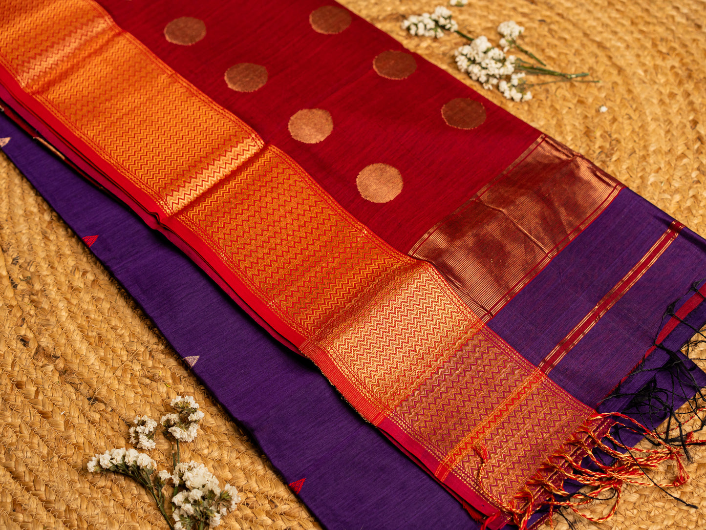 Maheshwari Zari Coin Butta Pallu Sarees with all over Butti weaving