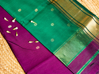 Maheshwari Paithani Border with all over Swastika Zari Butti Weaving Sarees Purple & Green