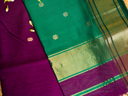 Maheshwari Paithani Border with all over Swastika Zari Butti Weaving Sarees Purple & Green