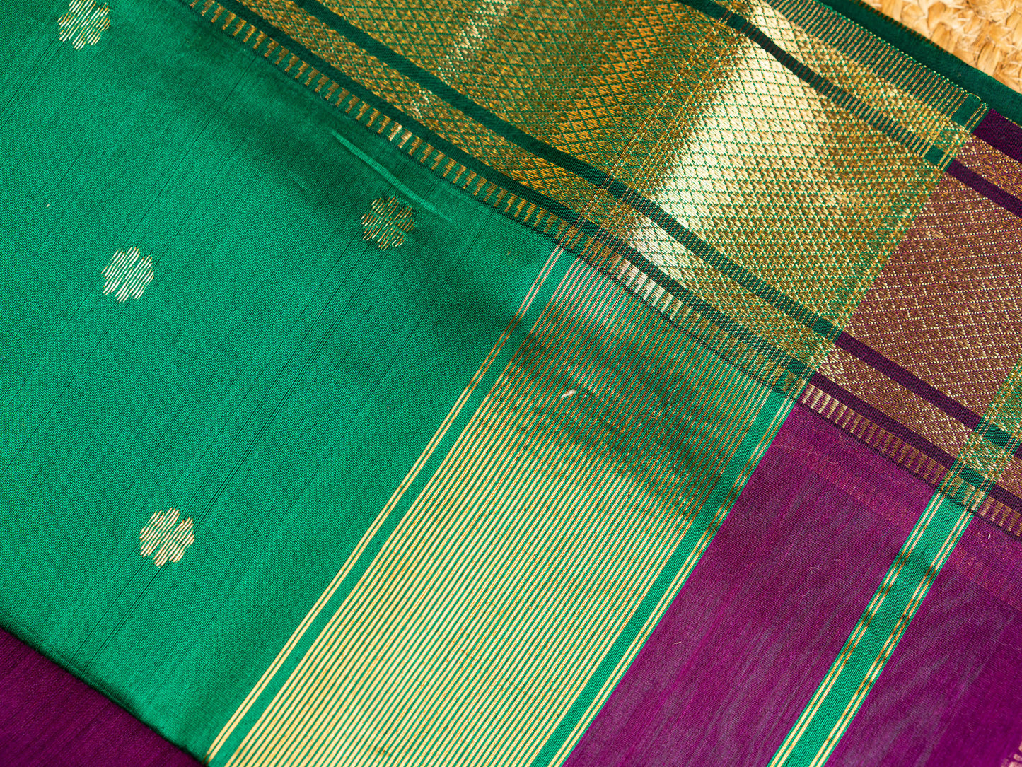 Maheshwari Paithani Border with all over Swastika Zari Butti Weaving Sarees Purple & Green