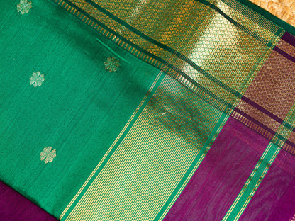 Maheshwari Paithani Border with all over Swastika Zari Butti Weaving Sarees Purple & Green