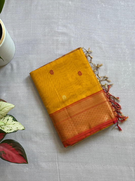 Maheshwari Tissue Sarees with Butti Weaving on Overall Body Yellow & Crimson Red