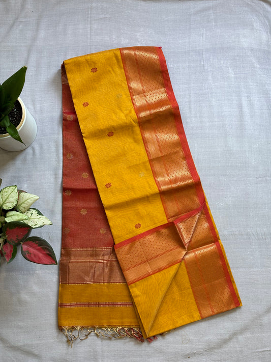 Maheshwari Tissue Sarees with Butti Weaving on Overall Body Yellow & Crimson Red