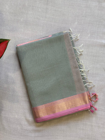 Traditional Maheshwari Rewa Border with Gicha/Kosa pallu Weaving Saree Grey & Baby Pink