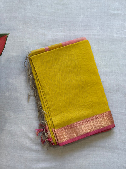 Traditional Maheshwari Rewa Border with Gicha/Kosa pallu Weaving Saree Canary Yellow & Baby Pink