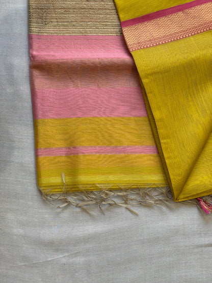 Traditional Maheshwari Rewa Border with Gicha/Kosa pallu Weaving Saree Canary Yellow & Baby Pink