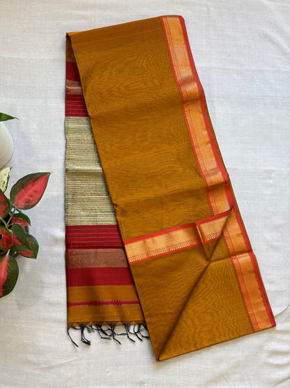 Maheshwari Rewa Border with Gicha/Kosa Pallu Weaving Saree Yellow Ocher