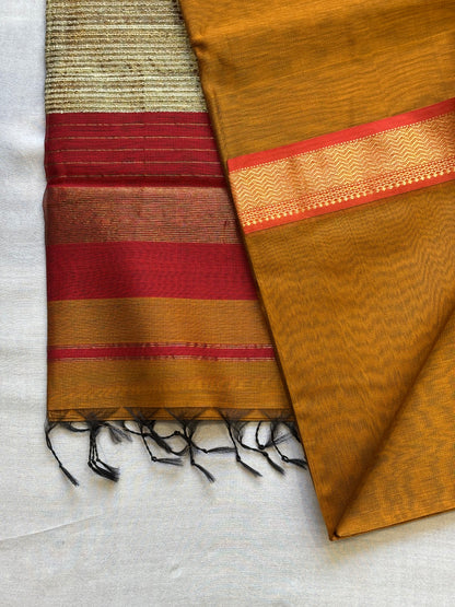 Maheshwari Rewa Border with Gicha/Kosa Pallu Weaving Saree Yellow Ocher