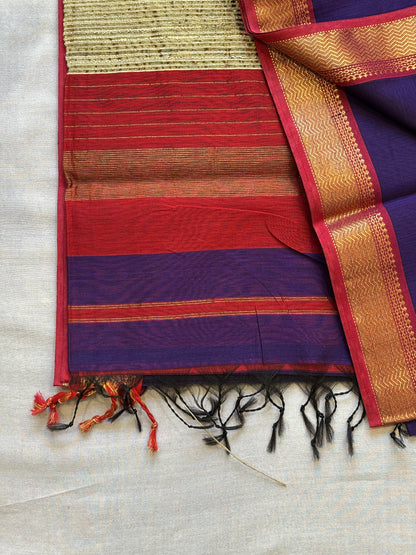 Maheshwari Rewa Border with Gicha/Kosa pallu Weaving Saree S4 Purple & Maroon